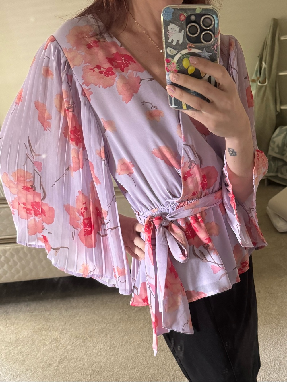 Lilac Floral Pleated-Sleeve Tie Front Blouse